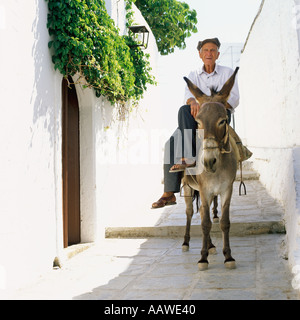 Uomo e asino LINDOS RHODES che porta i turisti fino all'ACROPOLI Foto Stock