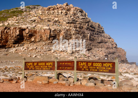 Segni presso il Capo di Buona Speranza nella Riserva Naturale di Cape Point in Sud Africa. Foto Stock