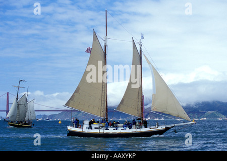 Clipper di vecchie navi a vela nella Baia di San Francisco dal Museo Marittimo durante il giorno di apertura di Yatching Foto Stock