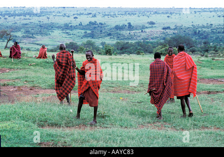 Kenia Masai Mara riserva nazionale Masai guerrieri in rosso tradizionale abbigliamento bovini di guardia in campo vicino il loro villaggio Foto Stock