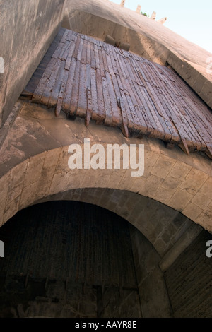 Spiked medievale porta d'ingresso alla Torre dell'Elefante. Castello di Cagliari, Sardegna Foto Stock