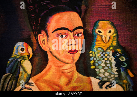 Colorato fatto a mano tappeto raffigurante Frida Kahlo, Teotitlan del Valle, vicino a Oaxaca, Stato di Oaxaca, Messico Foto Stock