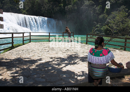 Cascada Agua Azul, Agua Azul cascata, Parque Nacional Agua Azul, nei pressi di Palenque, Chiapas, Messico Foto Stock