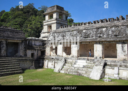 El Palacio, il palazzo, Palenque sito archeologico, Palenque, Chiapas, Messico Foto Stock