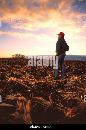 Agricoltura - Contadino guardando fuori attraverso il suo scalpello maggese arato campo di stoppie di mais in inverno / Minnesota, Stati Uniti d'America. Foto Stock