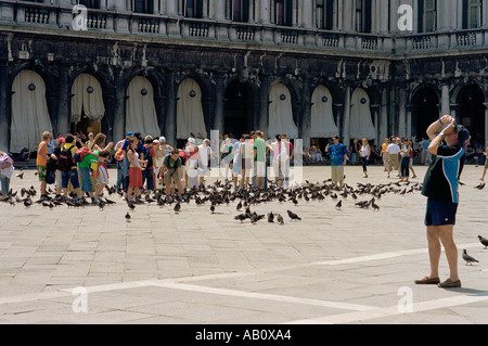 Ovunque i turisti si radunano in Piazza San Marco i piccioni si riunivano anche Foto Stock