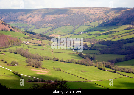 Vista su terreni agricoli cercando Vale of Ewyas a sud di Llanthony Priory in Montagna Nera Monmouthshire South Wales UK Foto Stock