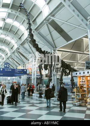 Stampato lo scheletro di dinosauro in United Airlines Chicago OHare Airport Terminal promuovere la compagnia aerea partner il Chicago Field Museum Foto Stock