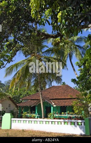 Attraente verde su un unico piano casa piastrellato con palme e vasi di piante tropicali Goa in India Foto Stock