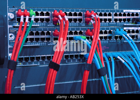 I cavi di rete e computer switch in un rack Netzwerk Kabel und interruttori in einem Schaltschrank Foto Stock