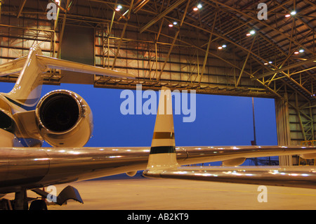 Jet parcheggiati in hangar Foto Stock