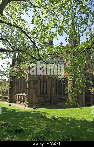 La magnifica cattedrale di Chester visto attraverso gli alberi Foto Stock