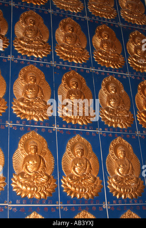 Figure di buddha sulla parete piastrelle all'interno della pagoda di diecimila buddha al Tempio di Kek Lok Si Foto Stock