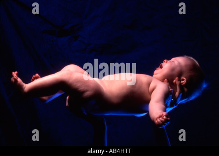 Gridando bambino tenuto aloft Foto Stock