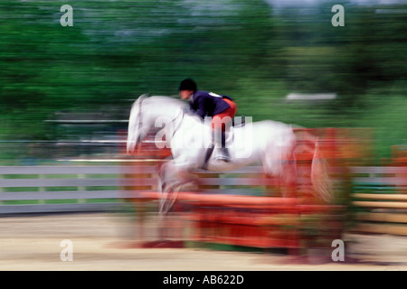 Cavallo e cavaliere chiaro saltare durante Competetion sfocata immagine moto Monroe Washington Foto Stock