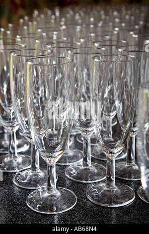 Bicchieri di champagne nel contatore a un matrimonio Wales UK Foto Stock