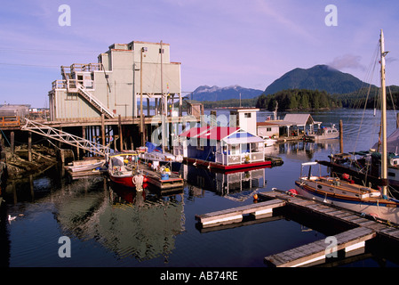 Tofino, BC, Isola di Vancouver, British Columbia, Canada - Porto / Harbour, Waterfront casa galleggiante e barche, West Coast Scenic Foto Stock