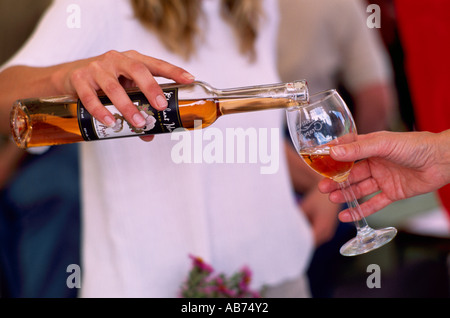 Sommelier versando il vino bianco da una bottiglia in un degustatore di vetro, al Festival dell'uva, Oliver, BC, British Columbia, Canada Foto Stock