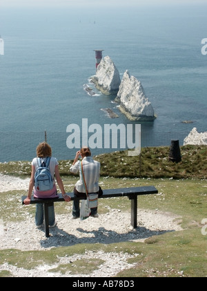 Gli aghi e il faro Isle of Wight IOW chalk pinnacoli sporgente fuori dal canale inglese visto dalla batteria Foto Stock