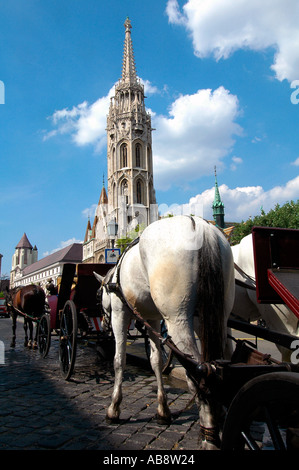 Carrozze trainate da cavalli accanto a la Chiesa Cattolica Romana Matthias o Matyas chiesa costruita in stile tardo gotico nel castello di Buda district Budapest Ungheria Foto Stock