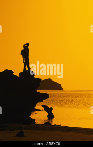 Uomo con zaino in piedi su una roccia in riva al mare, all'alba, e rivolta verso l'acqua, Oman. Foto Stock