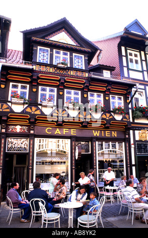 Germania Wernigerode metà architettura in legno ristorante Cafe Wien Foto Stock