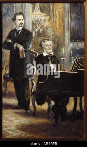 Wagner, Richard 22.5.1813 - 13.2.1883, compositore tedesco, con re Luigi II di Baviera, gouache di Fritz Berger, fine 19th secolo, Walter Gill collection, Monaco di Baviera, , Foto Stock