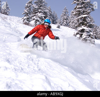 Idaho una donna snowboarder gode di una bella giornata di polvere fresca Foto Stock