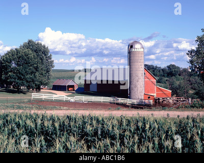 Wisconsin dairy farm con colture granaio rosso silos annessi e dintorni rurali Foto Stock