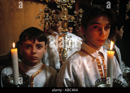 Greco Ortodosso di cerimonia di Natale, Chiesa della Natività di Betlemme, Israele Foto Stock