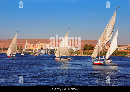 Feluche navigando sul fiume Nilo vicino a Aswan in Egitto Foto Stock