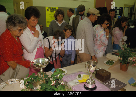 Village Show premiati frutti di bosco sono esposti e l'Argento CUPS 1990 Egton Bridge Old Gooseberry show North Yorkshire Inghilterra HOMER SYKES Foto Stock