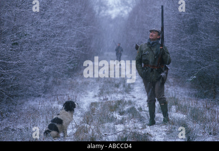 Caccia privata di uccelli nel Regno Unito. Tiratore con il suo cane da fuoco 1980s 1985 Lancashire Inghilterra HOMER SYKES Foto Stock