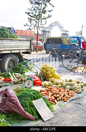 Cina Pechino ampia varietà di verdure esposte per la vendita in aria aperta mercato stradale sulla strada statale nei pressi di Pechino Foto Stock