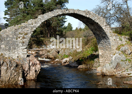 Il vecchio packhorse ponte di pietra sul fiume Dulnain a Carrbridge vicino a Aviemore nelle Highlands scozzesi costruiti nel Regno Unito 1717 Foto Stock