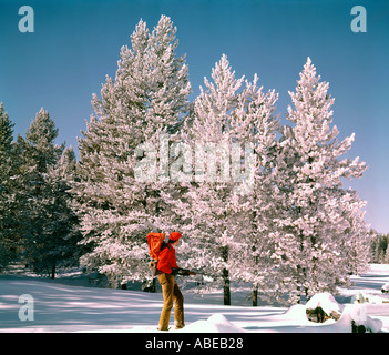 Inverno hunter tracking big game nella neve appena caduta in una fredda mattina chiara in Idaho Foto Stock