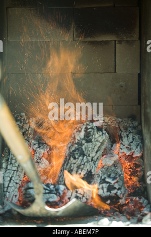 Persona spalare registri nel forno a legna Foto Stock