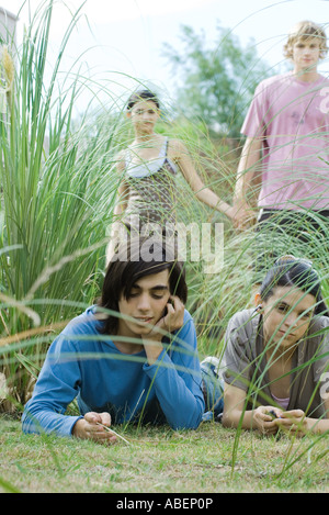 Teen amici giacente in erba Foto Stock