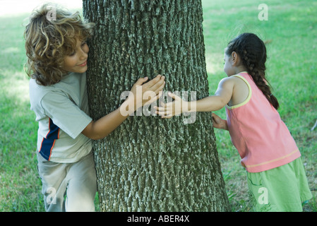 Un ragazzo e una ragazza in piedi su entrambi i lati del tronco di albero Foto Stock
