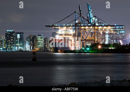 Gantry cranes scaricare freighter al Porto di Miami, Miami, Florida Foto Stock