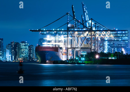 Gantry cranes scaricare freighter al Porto di Miami, Miami, Florida Foto Stock