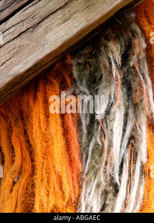 Mare di legno difese con linea di nylon corda pendente da esso happisburgh norfolk East Anglia England Regno Unito Foto Stock