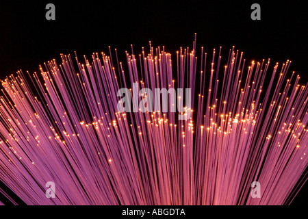 Le fibre ottiche che emettono luce. Queste fibre sono usate per trasmettere suoni e immagini in forma di luce Foto Stock