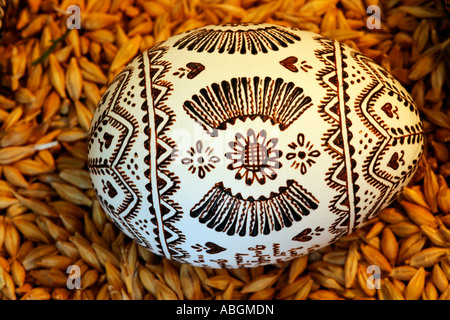 Uovo di Pasqua con il pattern dipinta con cera d'api prima della tintura in tradizionale Hessian tecnica batik Foto Stock