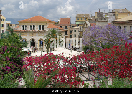 Corfu Grecia isola greca e alla Città Vecchia colorate buganvillee & restaurant le tettoie con gruppo di nozze che posano per una foto nella porta di Corfù Town Hall Foto Stock