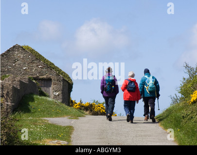 Il gallese Ynys Mon Ramblers gruppo di escursionisti per adulti a camminare su una strada di campagna che passa parete di pietra e fienile in primavera. Anglesey North Wales UK Gran Bretagna Foto Stock