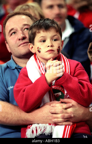 Welsh rugby fan di guardare il Galles gioca una partita internazionale al Millennium Stadium Cardiff South Wales UK GB Foto Stock