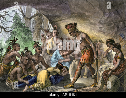 John Smith salvato da Pocahontas a Jamestown in Virginia Colony 1607. Colorate a mano l'incisione Foto Stock