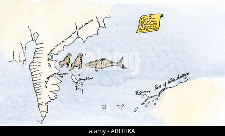 Mappa di Vitus Bering expedition voyage del Kamchatka Russia al Nord America 1700s. Colorate a mano la xilografia Foto Stock
