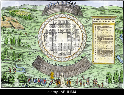 Coloni francesi la costruzione di un forte al Hochelaga un villaggio nativo e sito di Montreal Canada 1600s. Colorate a mano la xilografia Foto Stock